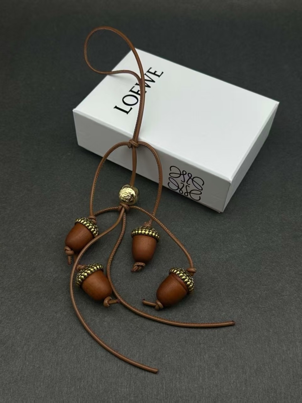 Loewe Brown Leather Acorn Tassel Necklace with Gold Accents